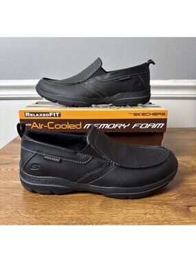 Skechers Harper Forde Black Leather Extra Wide Fit Slip-On Shoes Men's 10.5 EWW